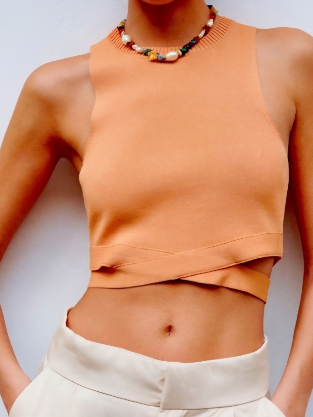Zara Sleeveless Peach Wrap-Detail Crop Top S
